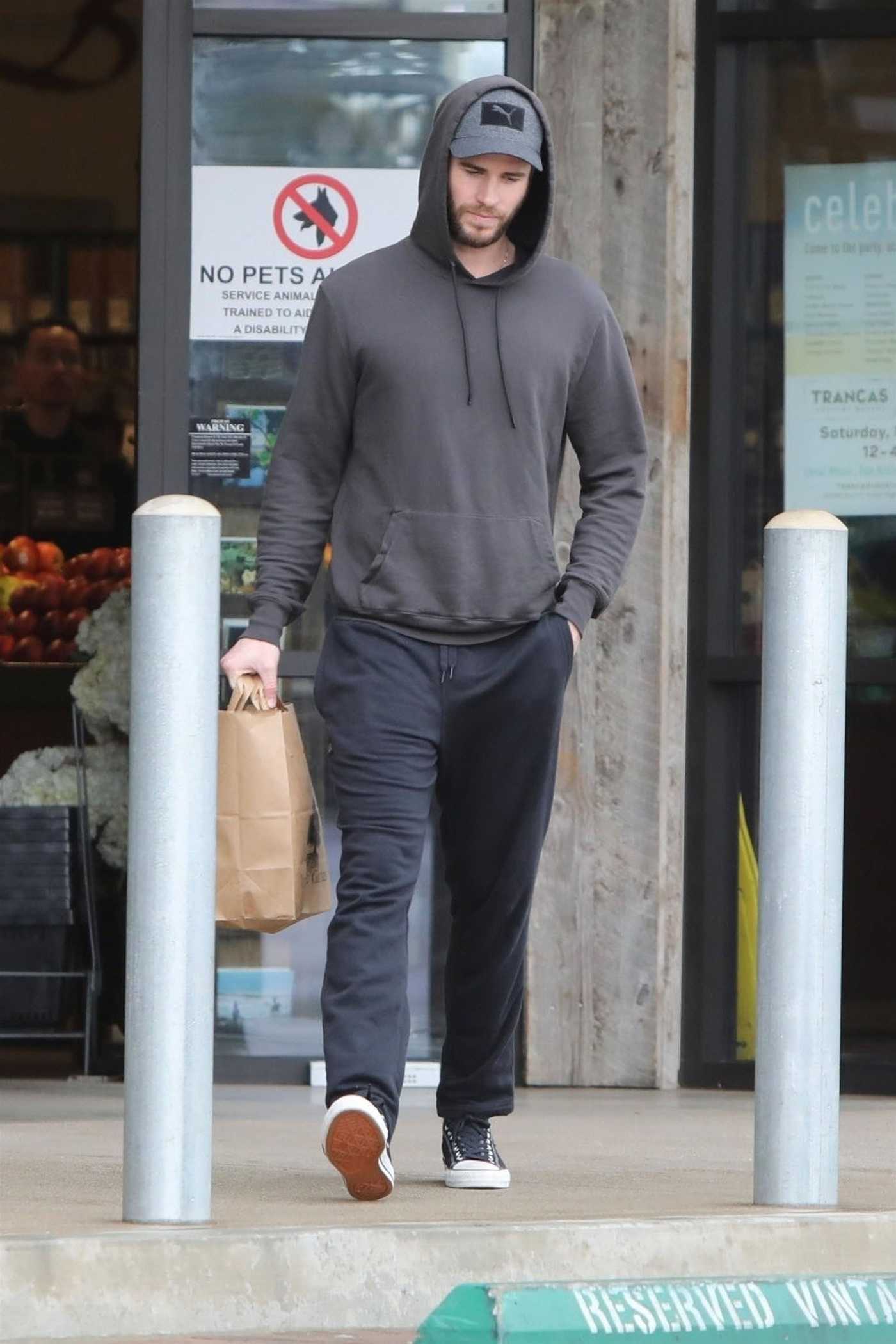 Liam Hemsworth in a Gray Hoody Goes Shopping at the Vintage Grocers in Malibu 03/07/2019