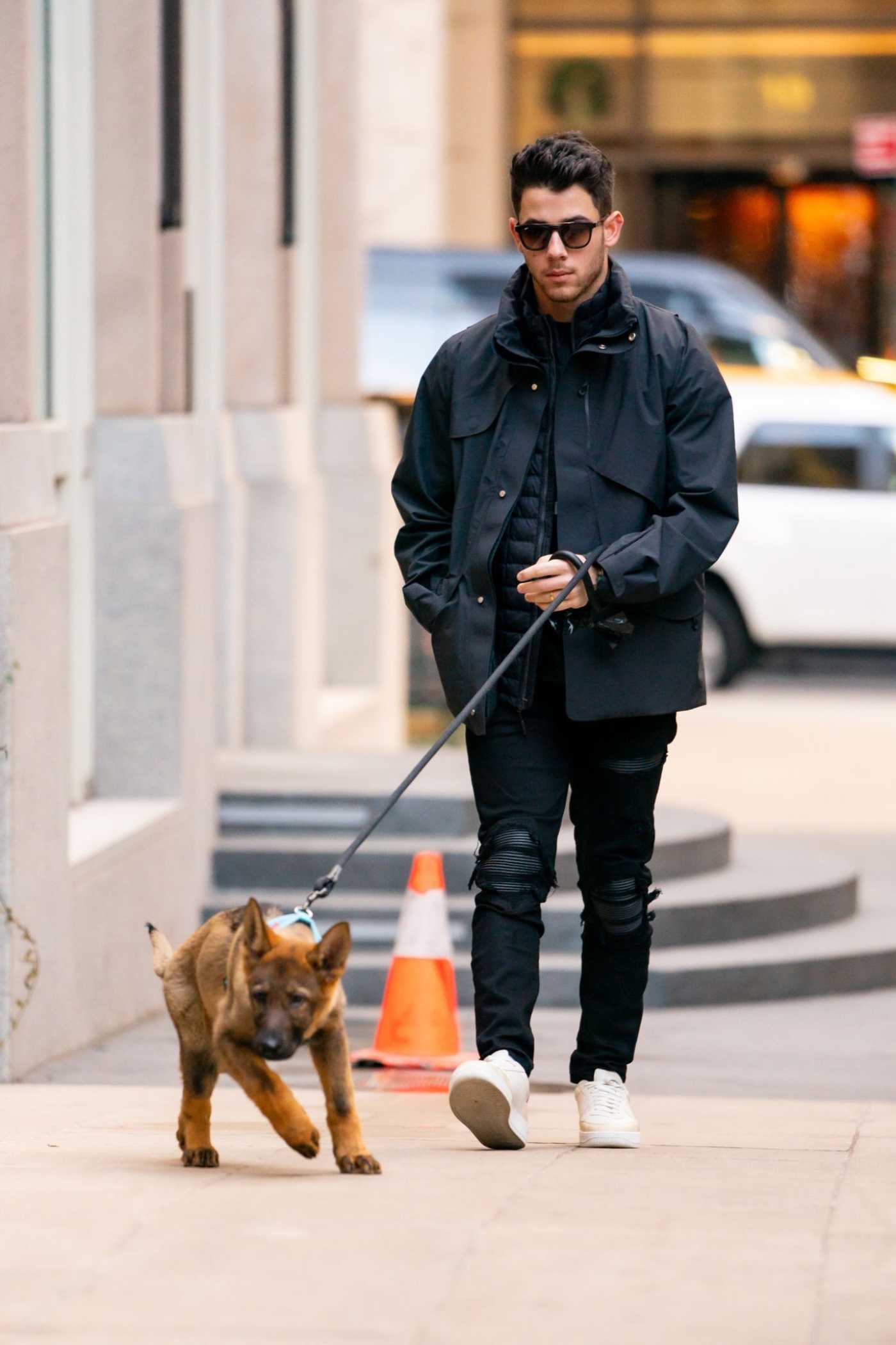 Nick Jonas in a Black Jacket Walks His Dog in New York City 11/30/2019