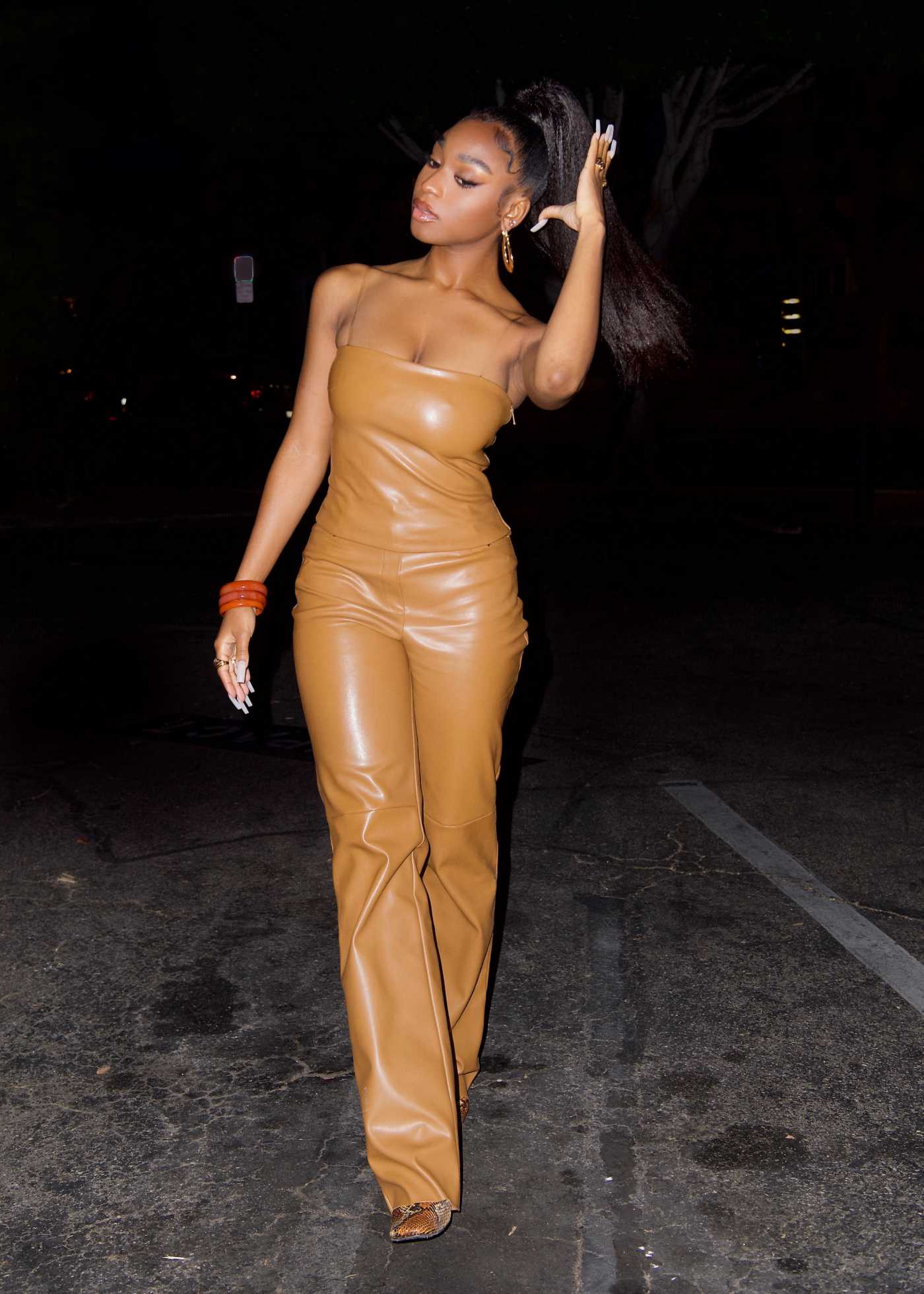 Normani Kordei in a Yellow Leather Outfit Celebrates Her 25th Birthday at Craig's in Los Angeles 05/31/2021