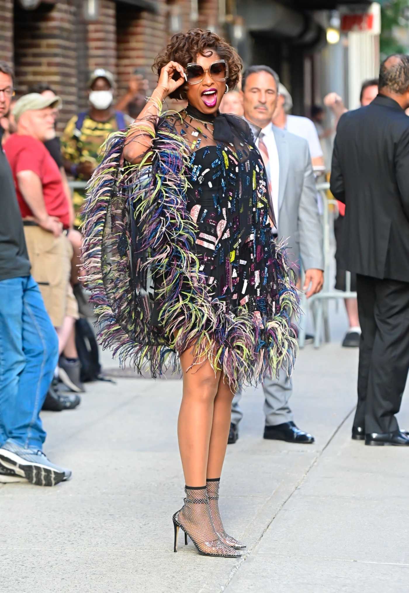 Jennifer Hudson in a Colorful Dress Visits The Late Show with Stephen Colbert at the Ed Sullivan Theater in New York City 08/12/2021