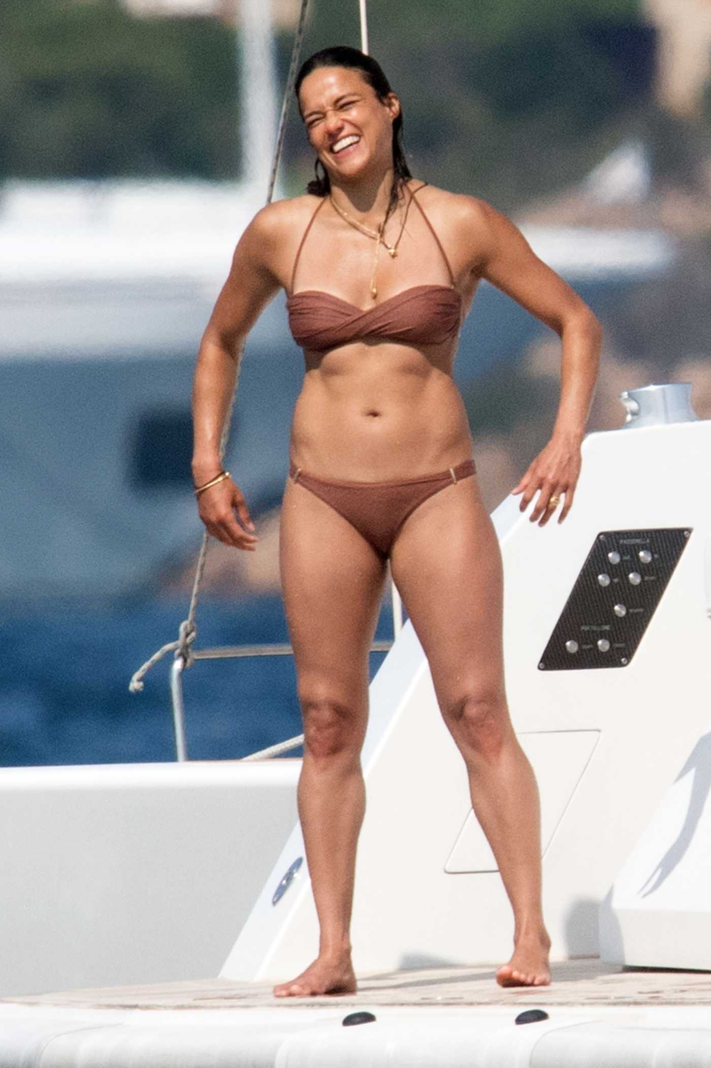 Michelle Rodriguez in a Tan Bikini on a on a Yacht in Porto Cervo 08/23/2021