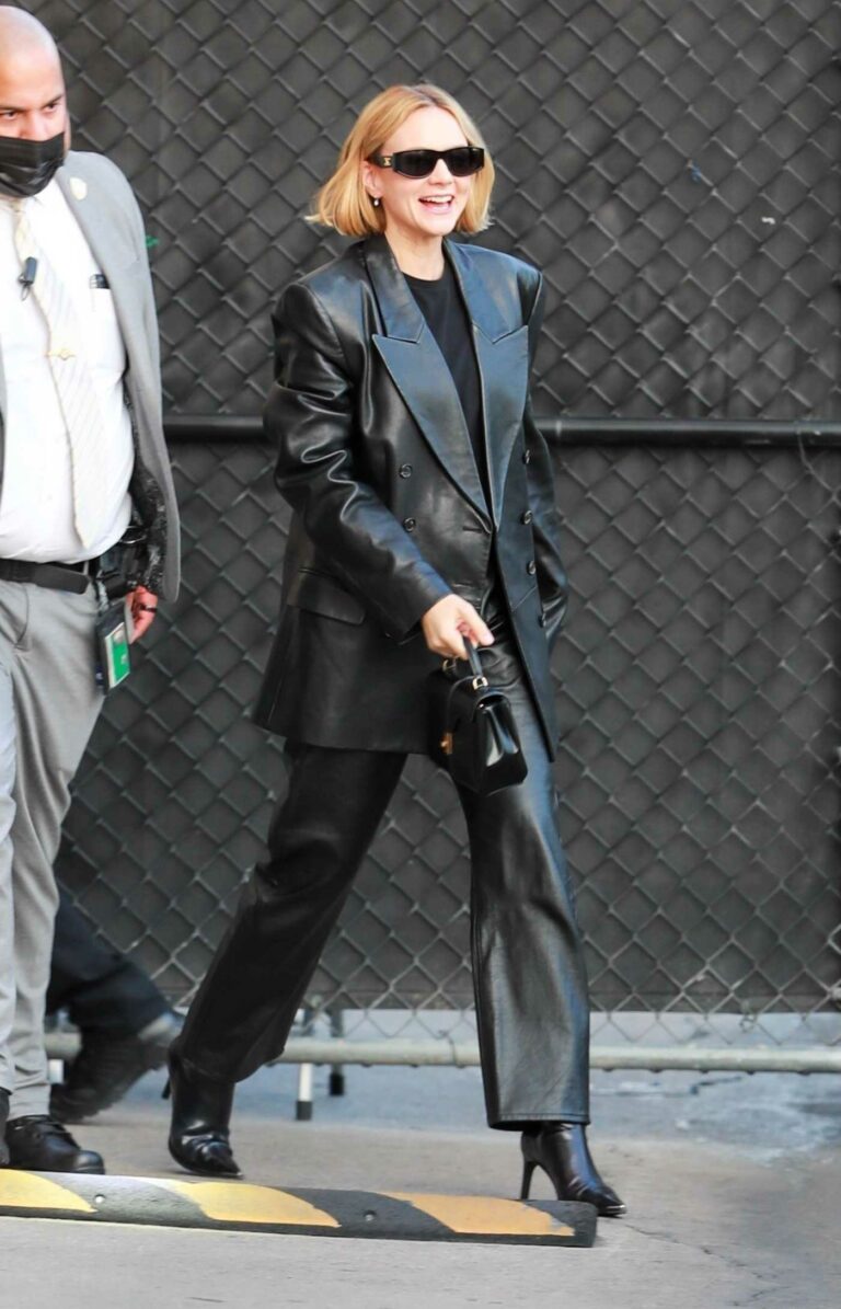Carey Mulligan in a Black Leather Pantsuit