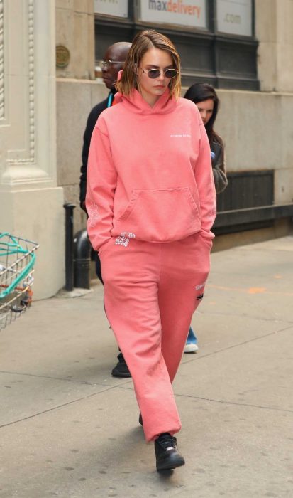 Cara Delevingne in a Pink Sweatsuit