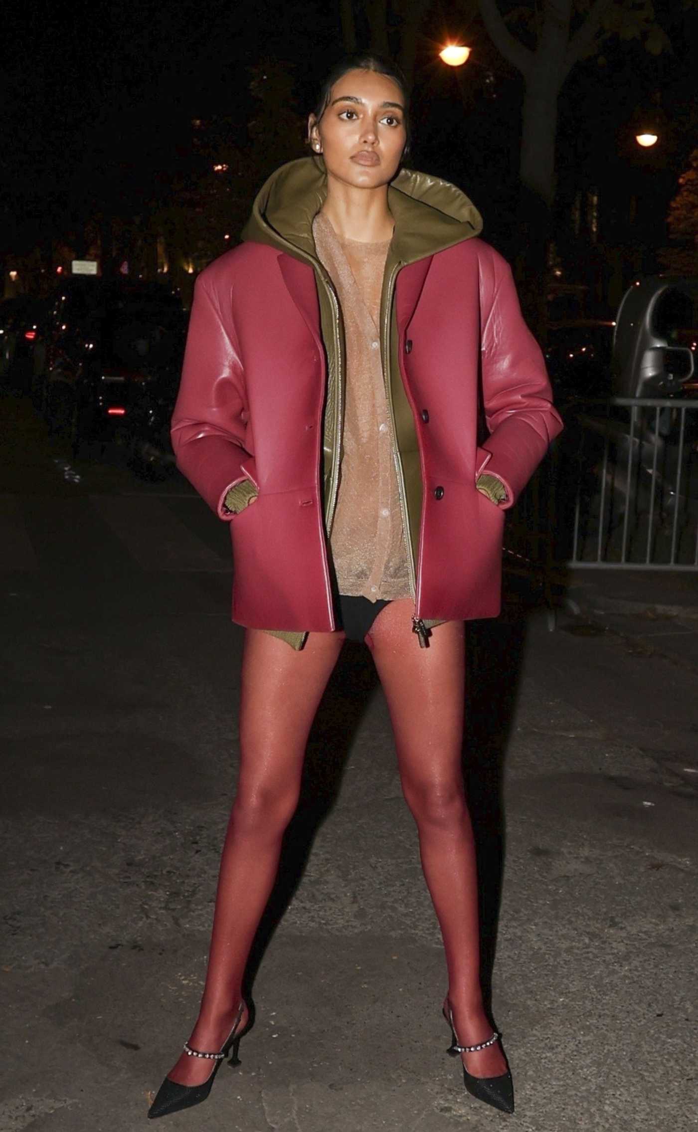 Neelam Gill in a Dark Pink Leather Jacket Was Seen Out in Paris 10/03/2023
