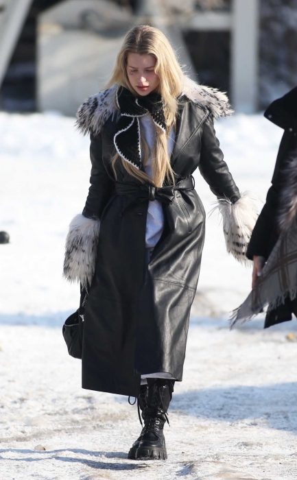 Lottie Moss in a Black Leather Coat