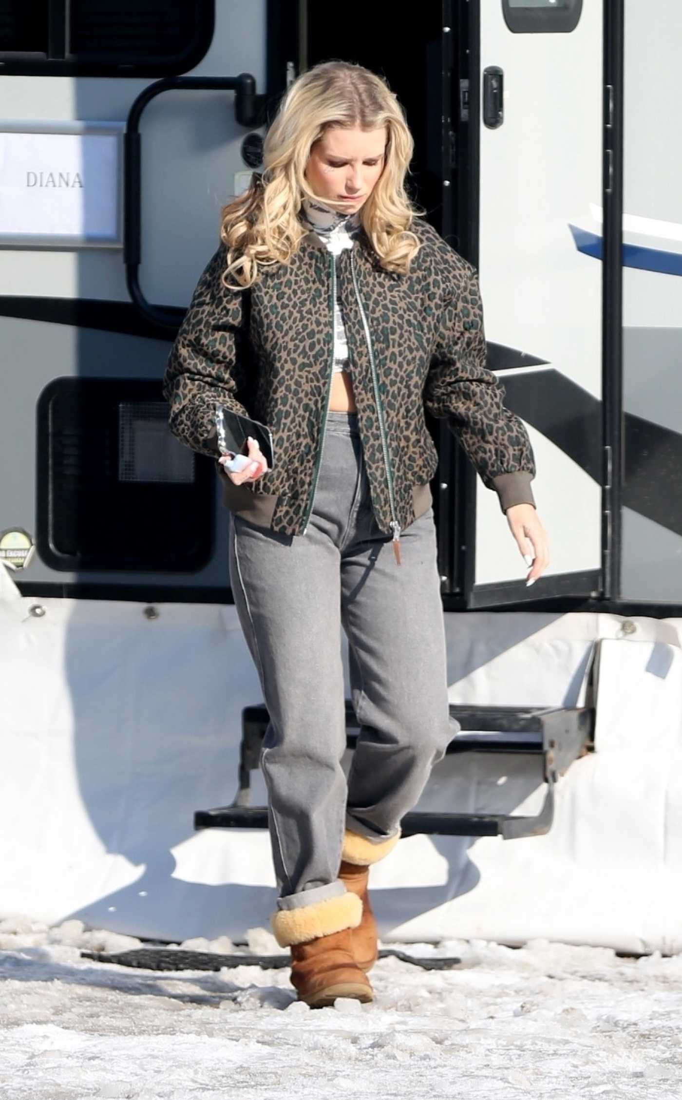 Lottie Moss in an Animal Print Jacket on the Set of April X in Bucharest 01/29/2024
