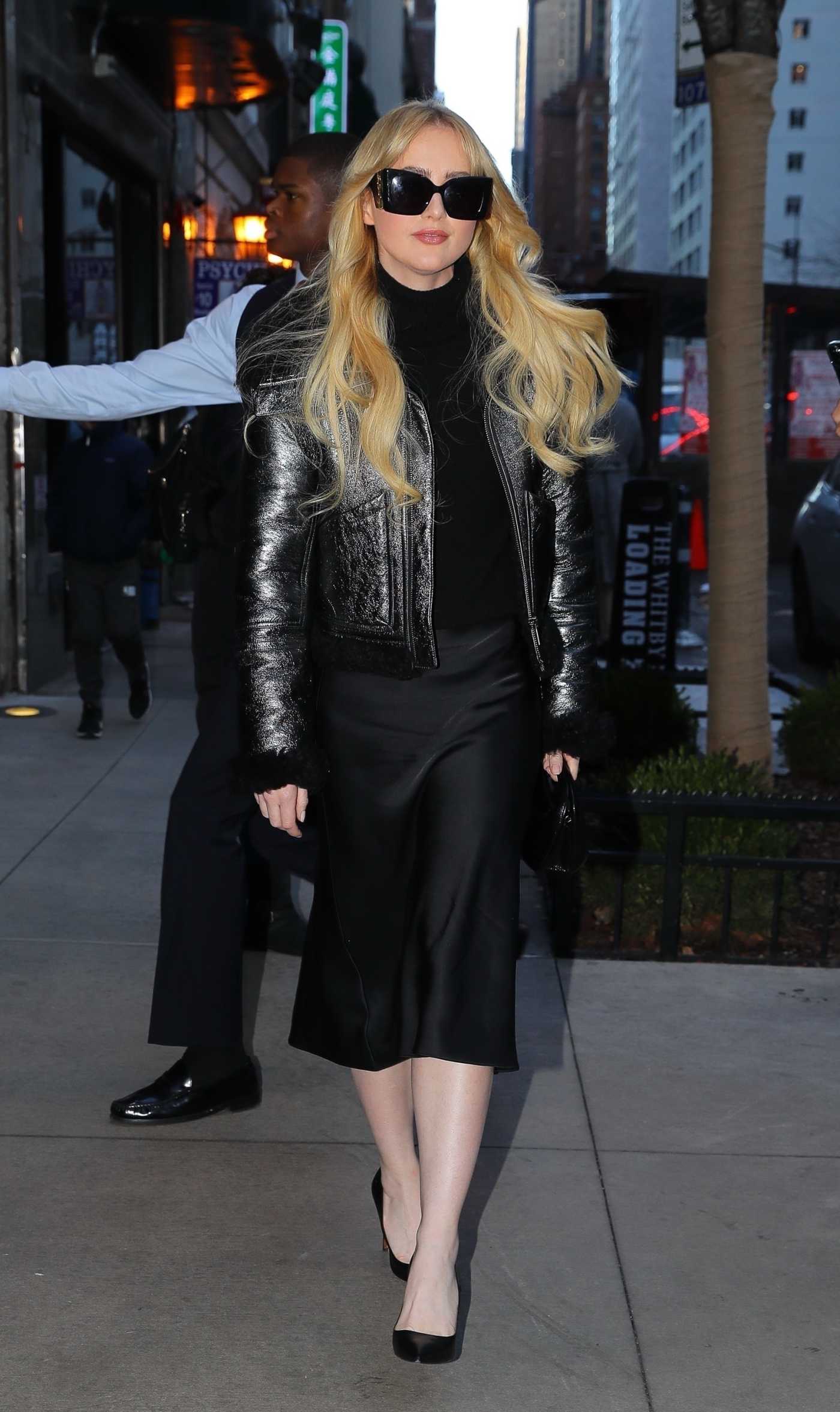 Kathryn Newton in a Black Leather Jacket Leaves Her Hotel in New York 02/03/2024
