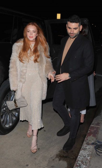 Lindsay Lohan in a Beige Fur Coat
