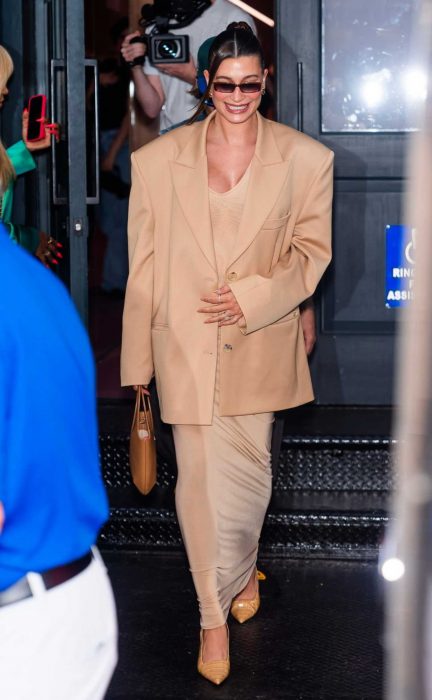 Hailey Baldwin in a Beige Dress