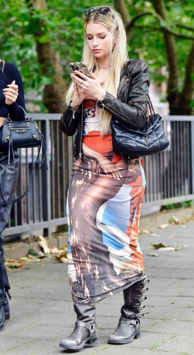 Lottie Moss in a Black Leather Jacket