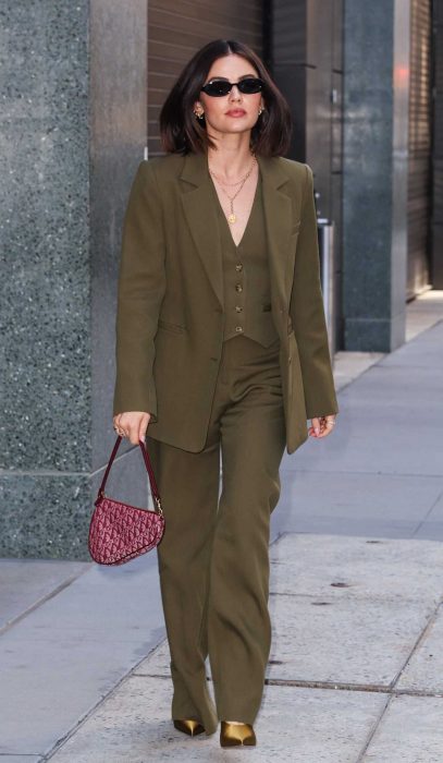 Lucy Hale in an Olive Pantsuit