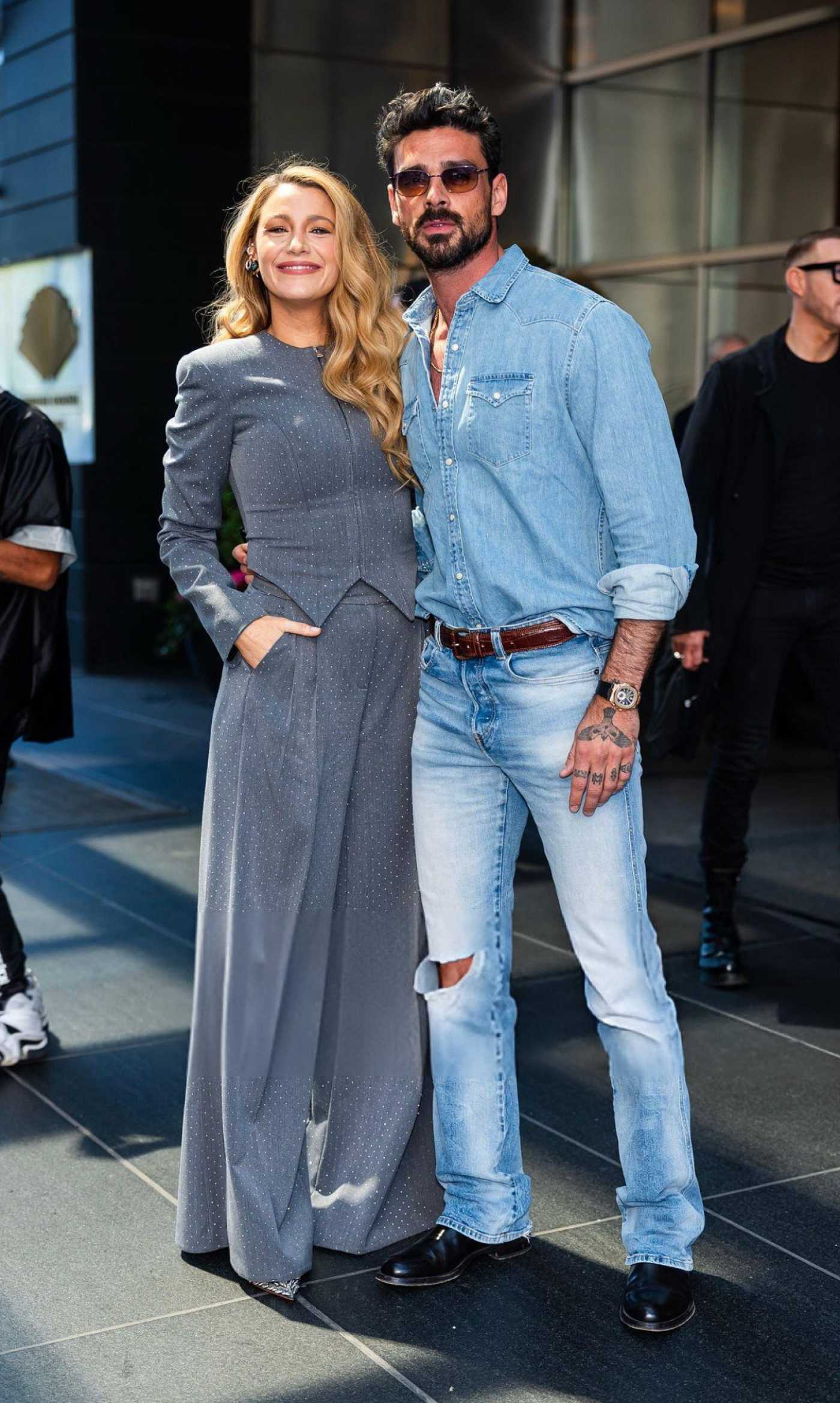 Blake Lively in a Grey Pantsuit Was Seen Out with Michele Morrone in New York City 04/28/2025