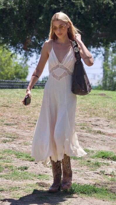 Bella Hadid in a Beige Summery Dress