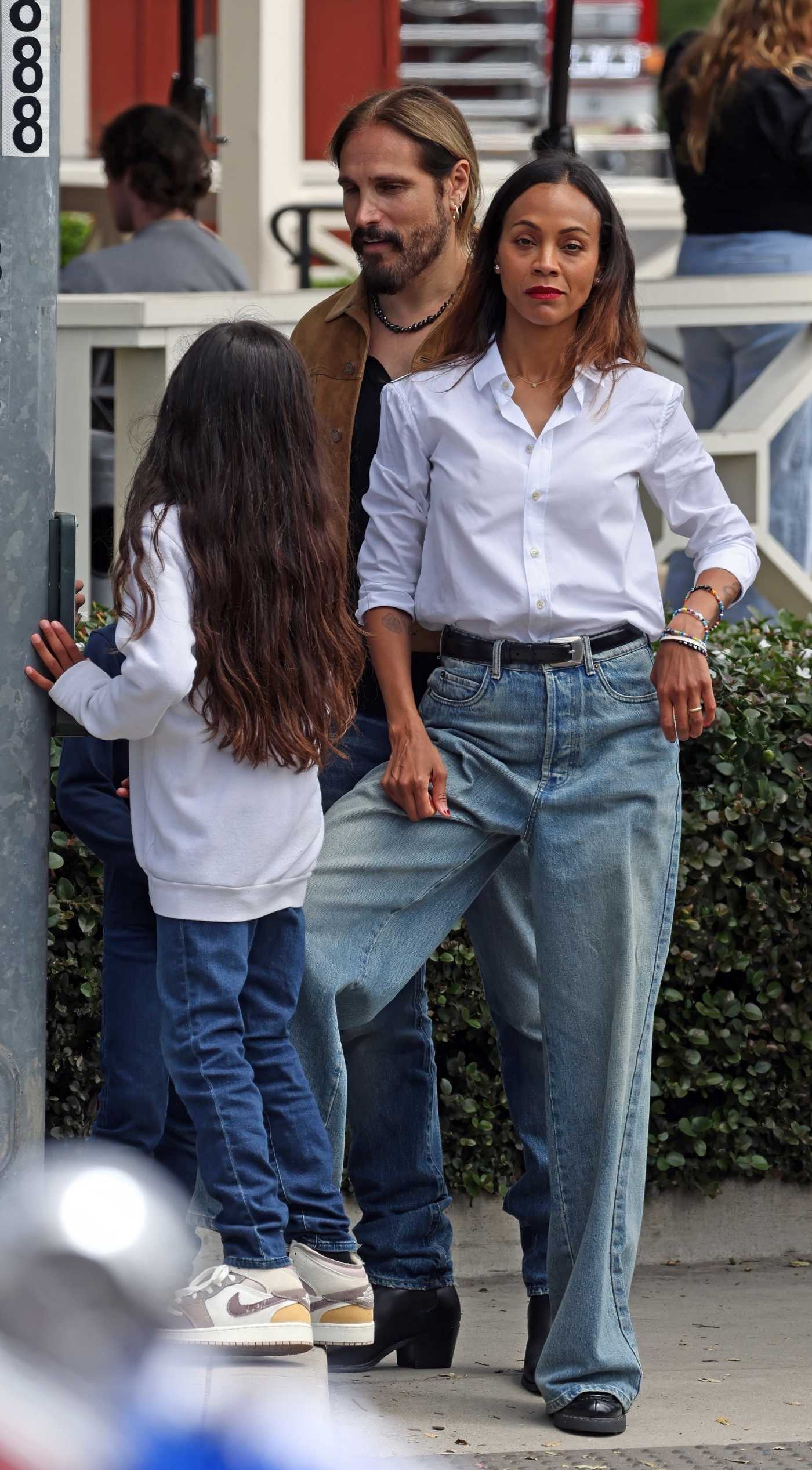 Zoe Saldana in a White Shirt Was Seen Out with Her Family in Montecito  07/04/2025