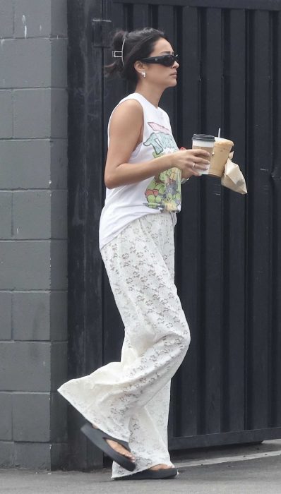 Shay Mitchell in a White Lace Pants
