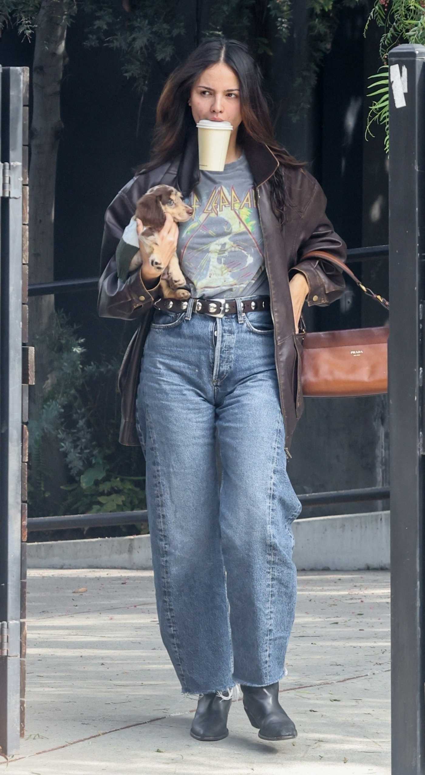 Eiza Gonzalez in a Brown Leather Jacket Leaves a Salon in Los Angeles 10/27/2025