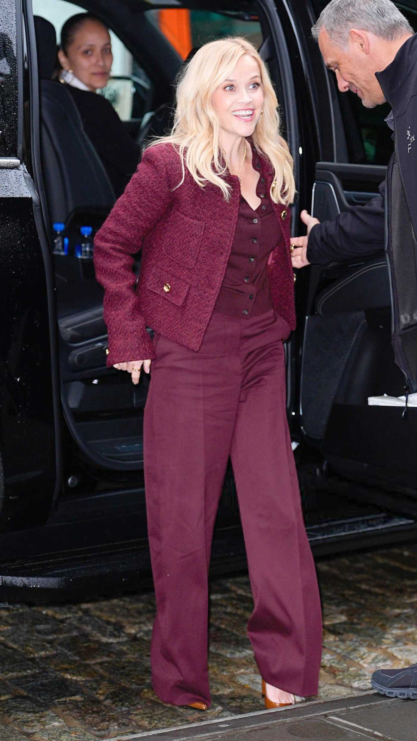 Reese Witherspoon in a Burgundy Pantsuit Was Seen Out in NYC 10/13/2025