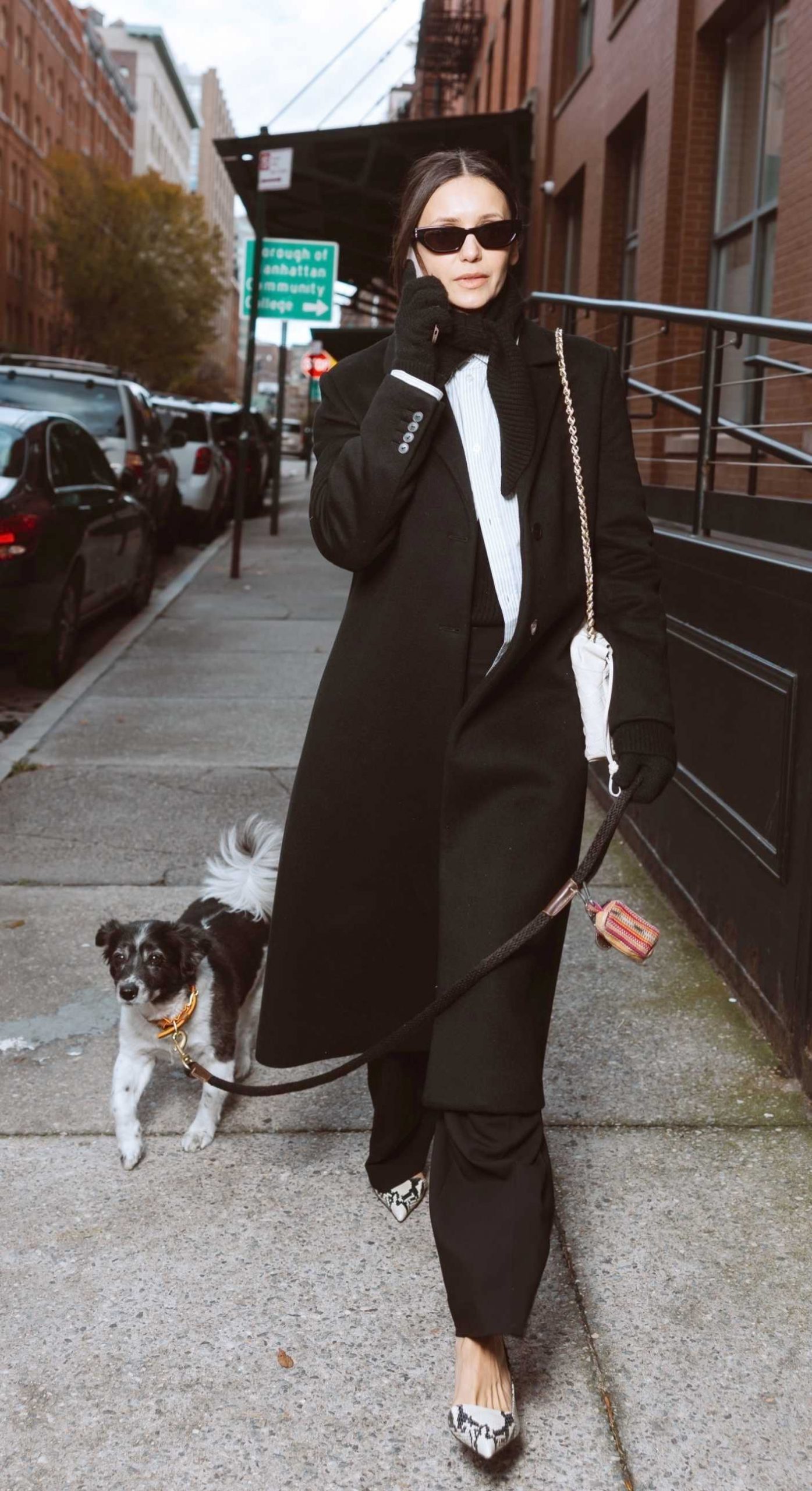 Nina Dobrev in a Black Coat Takes Her Dog for a Walk in Greenwich Village in New York City 11/13/2025