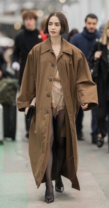 Lily Collins in a Tan Coat