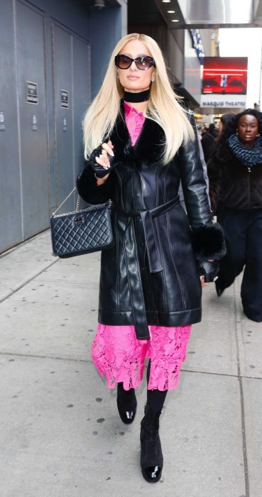 Paris Hilton in a Black Leather Coat