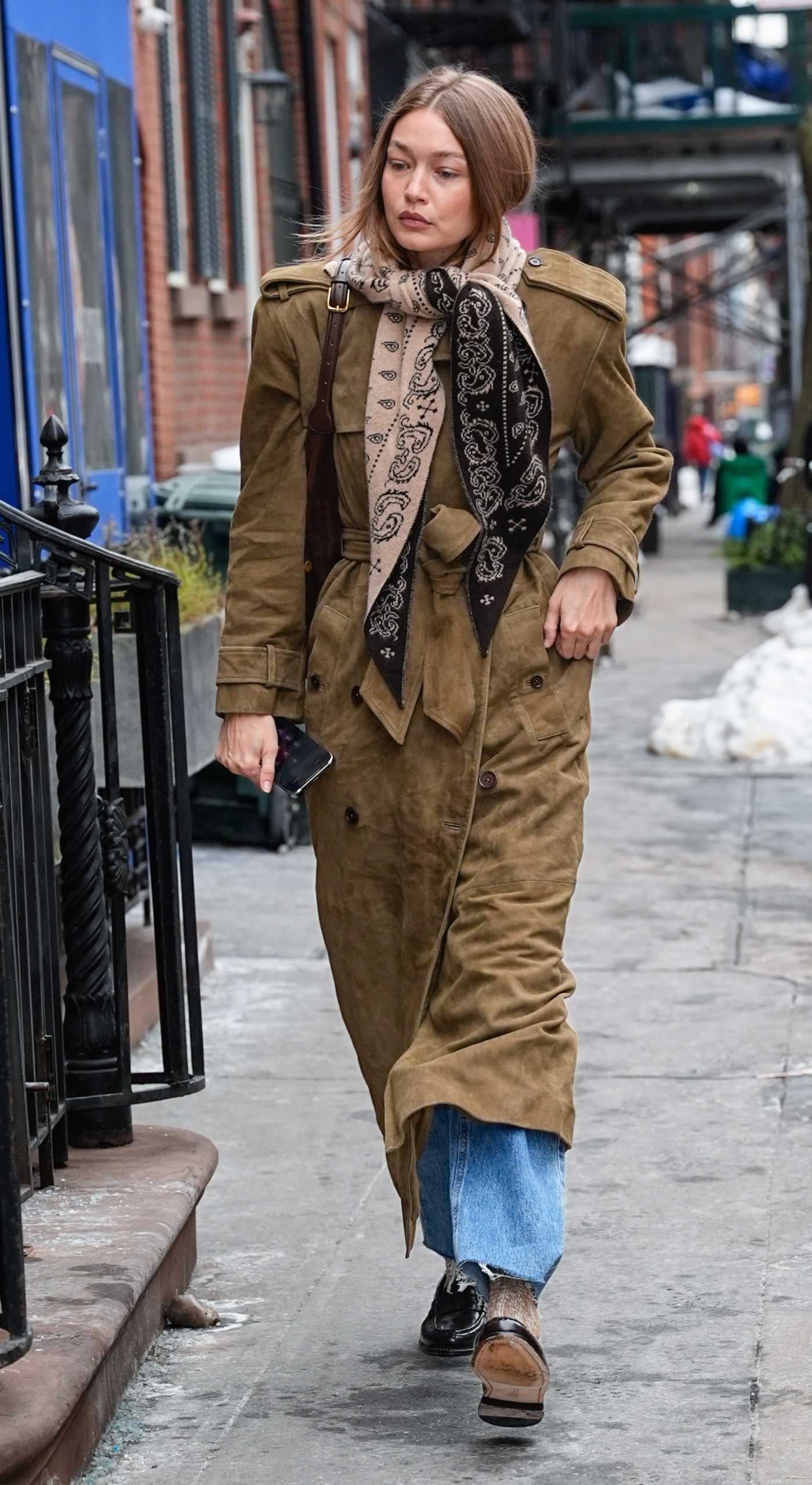 Gigi Hadid in a Tan Coat Was Seen  Out in Manhattan in New York 02/10/2026