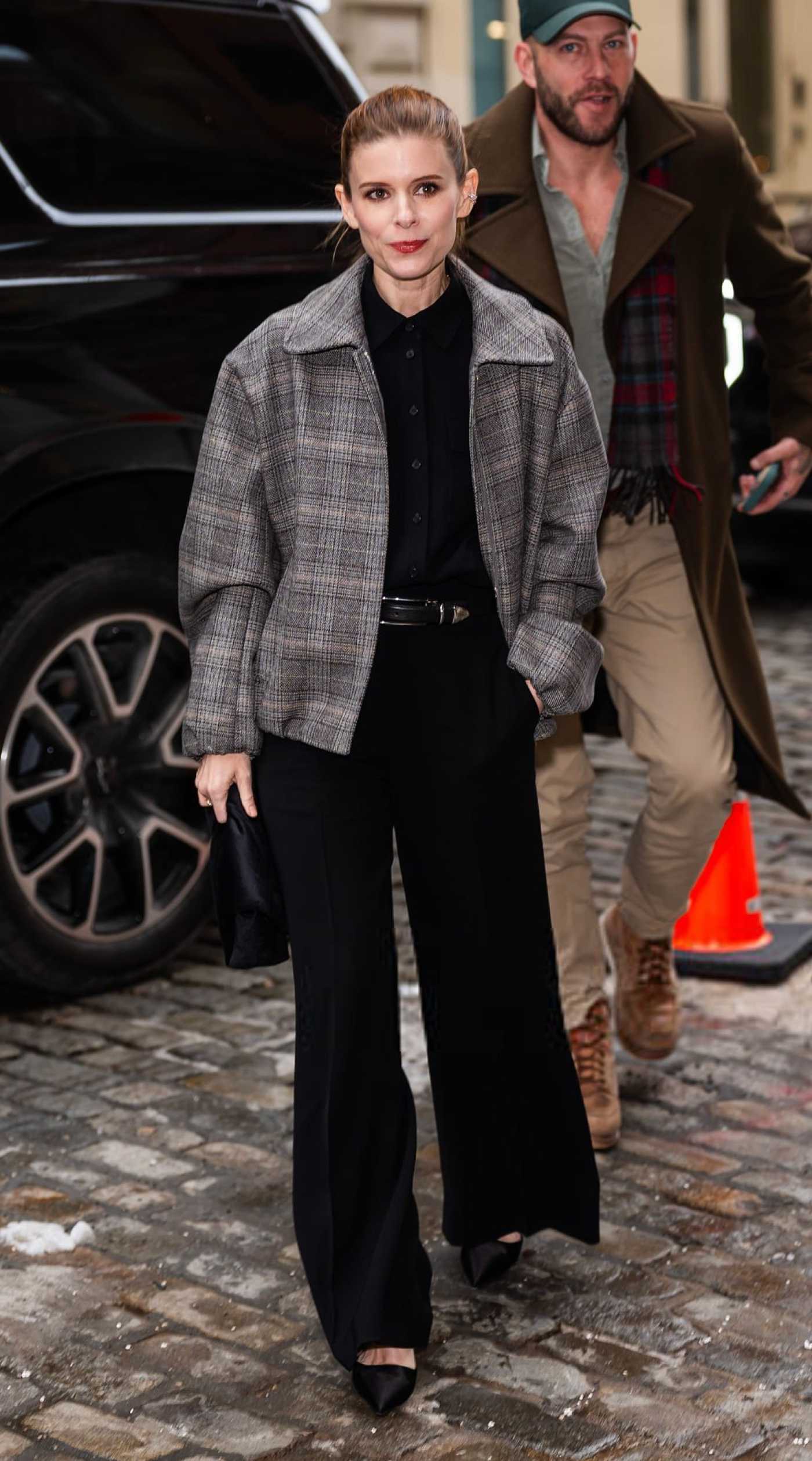 Kate Mara in a Grey Plaid Jacket Was Seen Out in New York City 02/11/2026