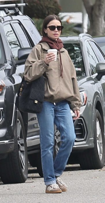 Lily Collins in a Beige Jacket