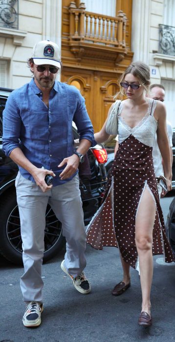 Gigi Hadid in a Brown Polka Dot Dress
